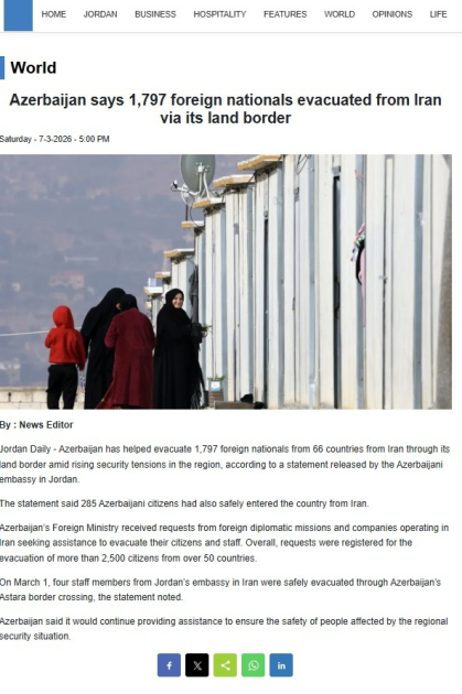 Azərbaycanın həyata keçirdiyi təxliyə tədbirləri İordaniya mediasında Xeber basligi