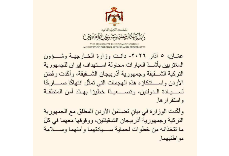 İordaniya XİN Azərbaycanın İran tərəfindən hədəf alınmasını kəskin şəkildə qınayıb Xeber basligi