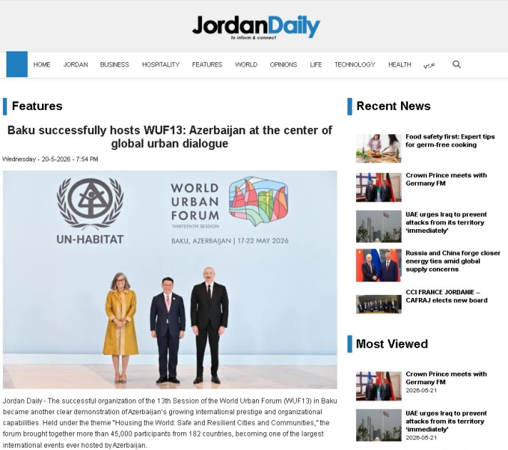 Jordanian media outlets highlights WUF13 held in Baku Xeber basligi